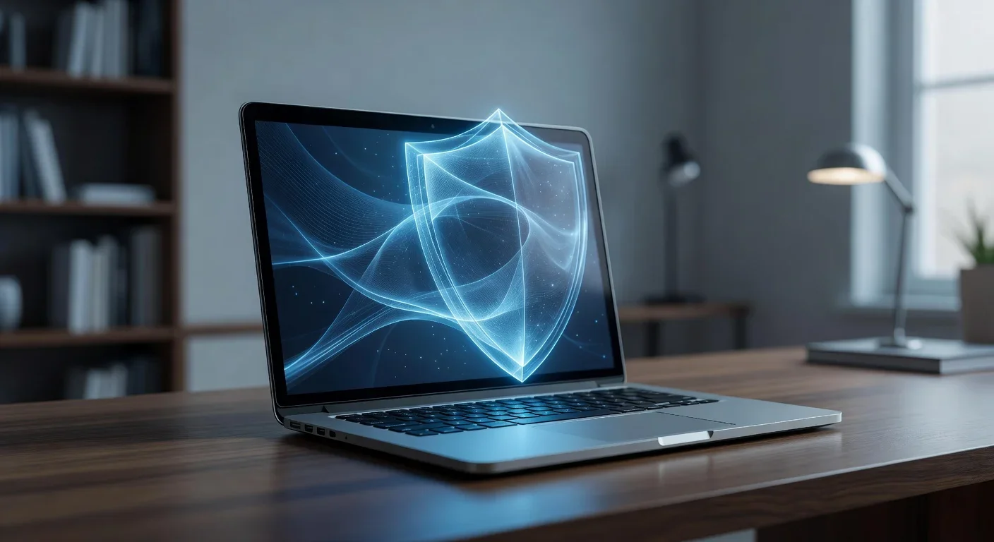 Ordinateur avec écran affichant une interface de protection antivirus active
