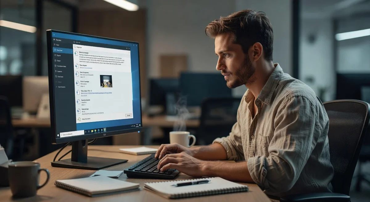 Personne concentrée à un bureau utilisant un ordinateur avec le panneau presse-papier de Windows ouvert