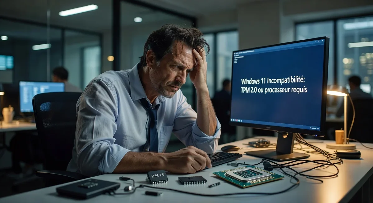Utilisateur frustré devant un ordinateur affichant une erreur de compatibilité Windows 11 dans un bureau moderne