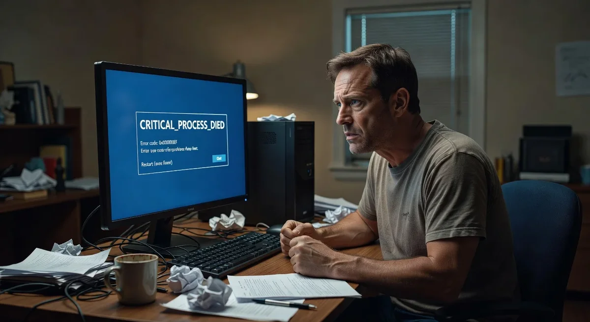 Utilisateur inquiet devant un écran d'erreur sur son PC après une mise à jour Windows 11 25H2