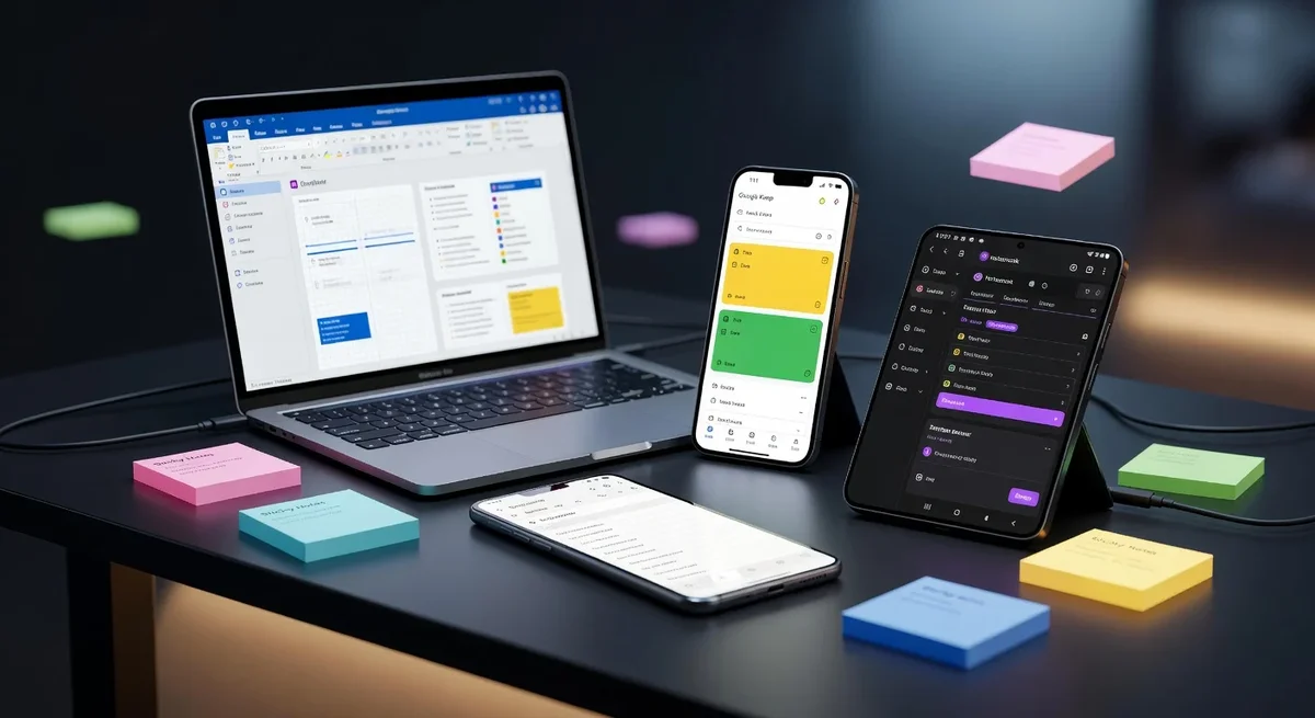 Écrans d'applications de prise de notes sur ordinateurs et smartphones dans un environnement moderne et dynamique