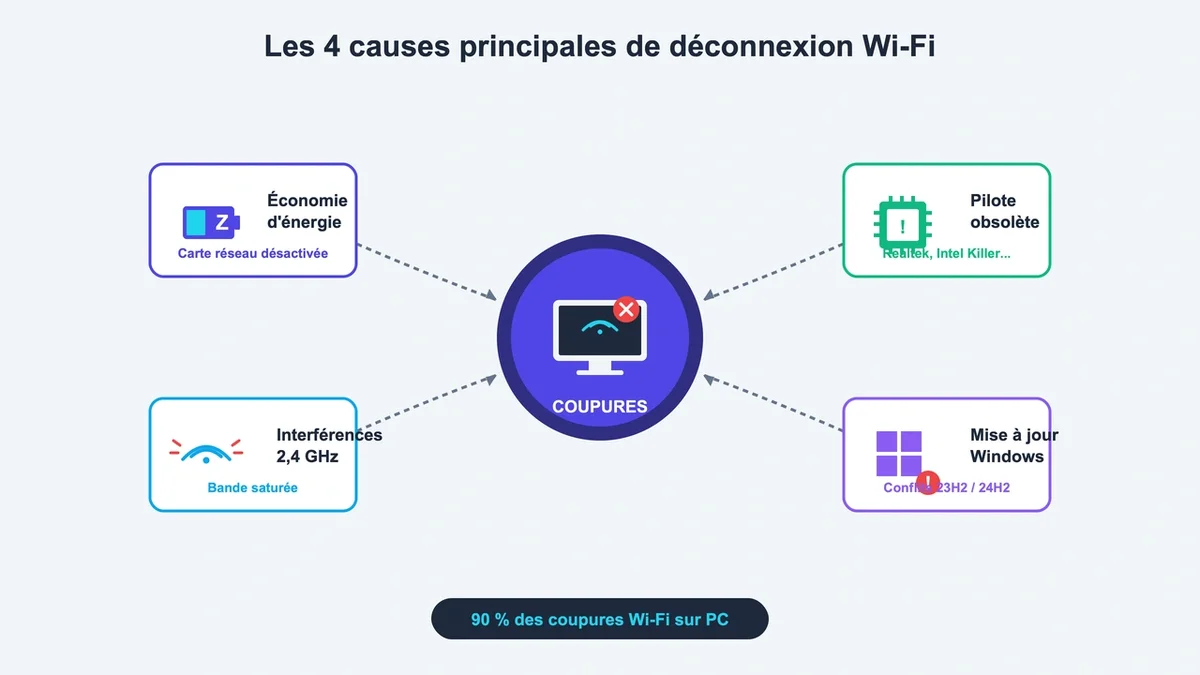 Schéma des quatre causes de déconnexion Wi-Fi avec icônes et flèches explicatives