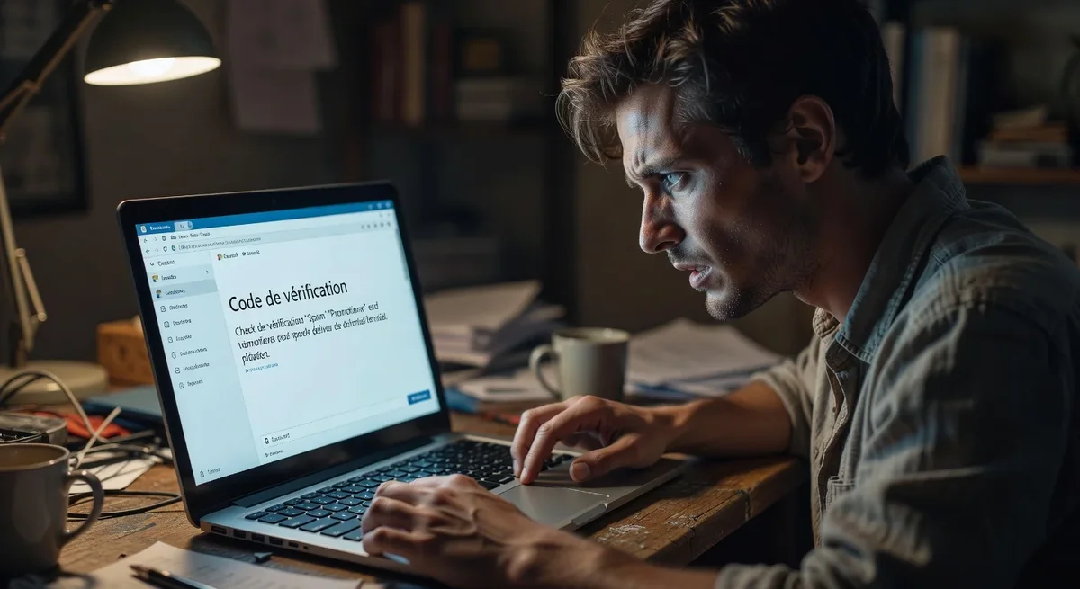 Personne frustrée devant un ordinateur portable en lisant un e-mail avec un code de vérification