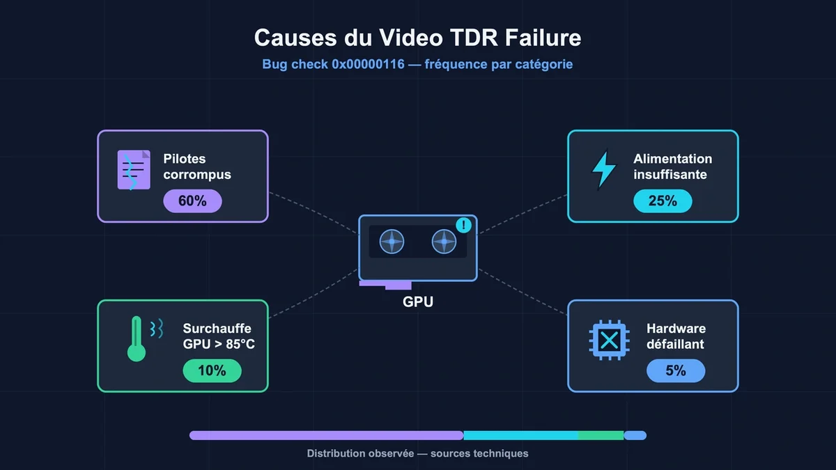 Illustration vectorielle des causes de plantage du GPU avec pictogrammes et pourcentages associés