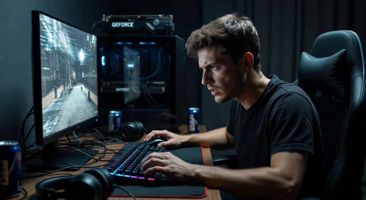 Joueur de PC gaming frustré par une connexion Wi-Fi défaillante avec un setup de jeu en arrière-plan