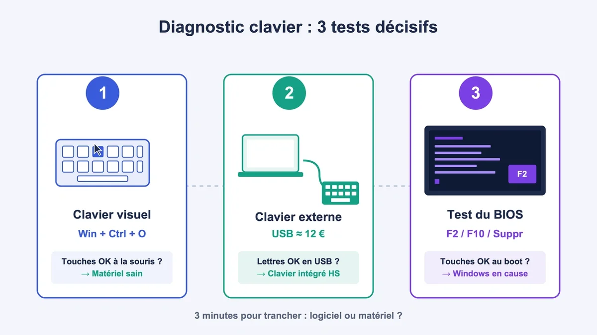 Schéma illustrant les trois tests de diagnostic pour un problème de clavier avec des icônes explicatives