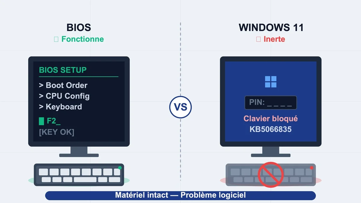 Clavier fonctionnel dans le BIOS mais inactif sous Windows 11, illustrant un problème logiciel
