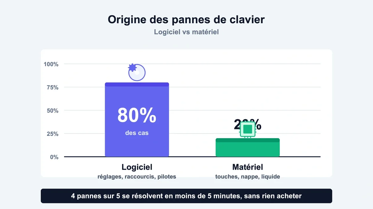 Graphique en barres montrant la répartition des pannes matérielles et logicielles sur les claviers