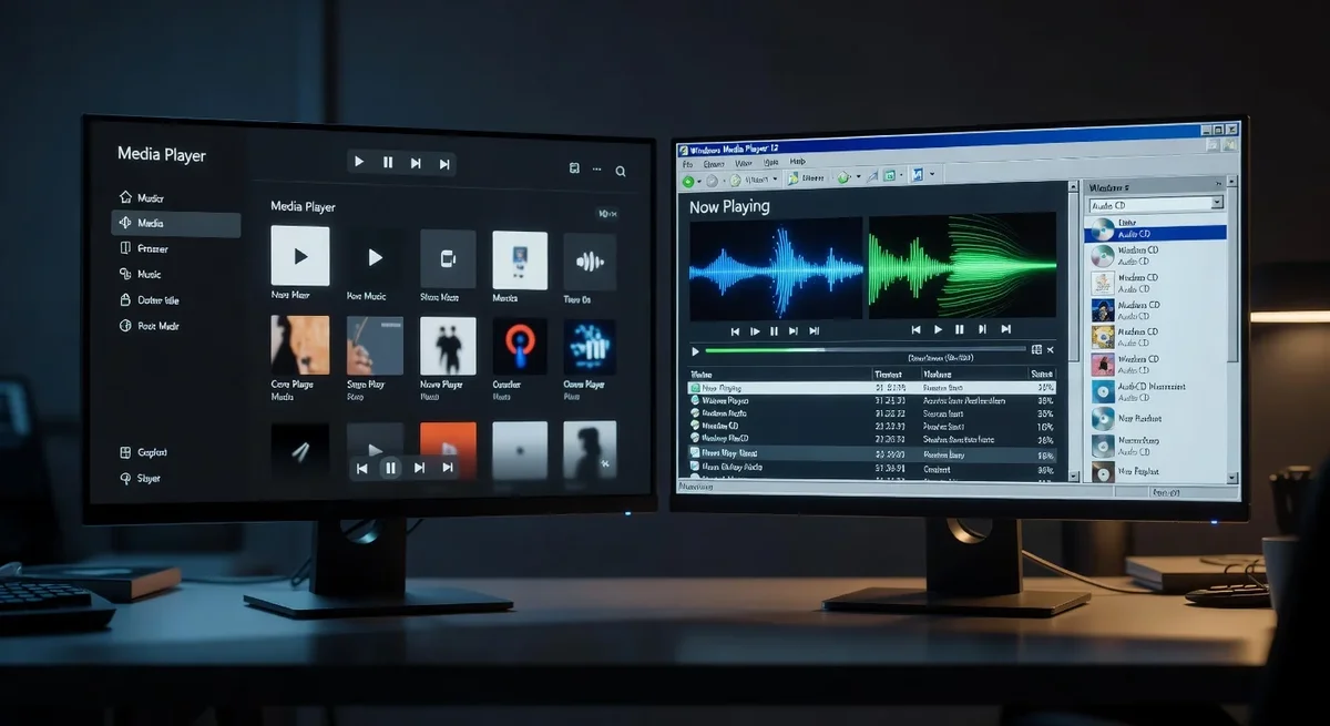 Comparaison entre l'interface moderne de Windows 11 et l'ancien Windows Media Player 12