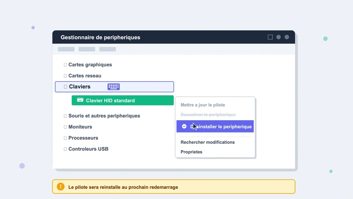 Écran du gestionnaire de périphériques Windows montrant l'option de désinstallation du pilote du clavier