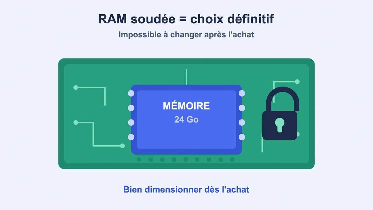 Mémoire RAM soudée dans un MacBook Pro mettant en avant l'irréversibilité du choix d'achat