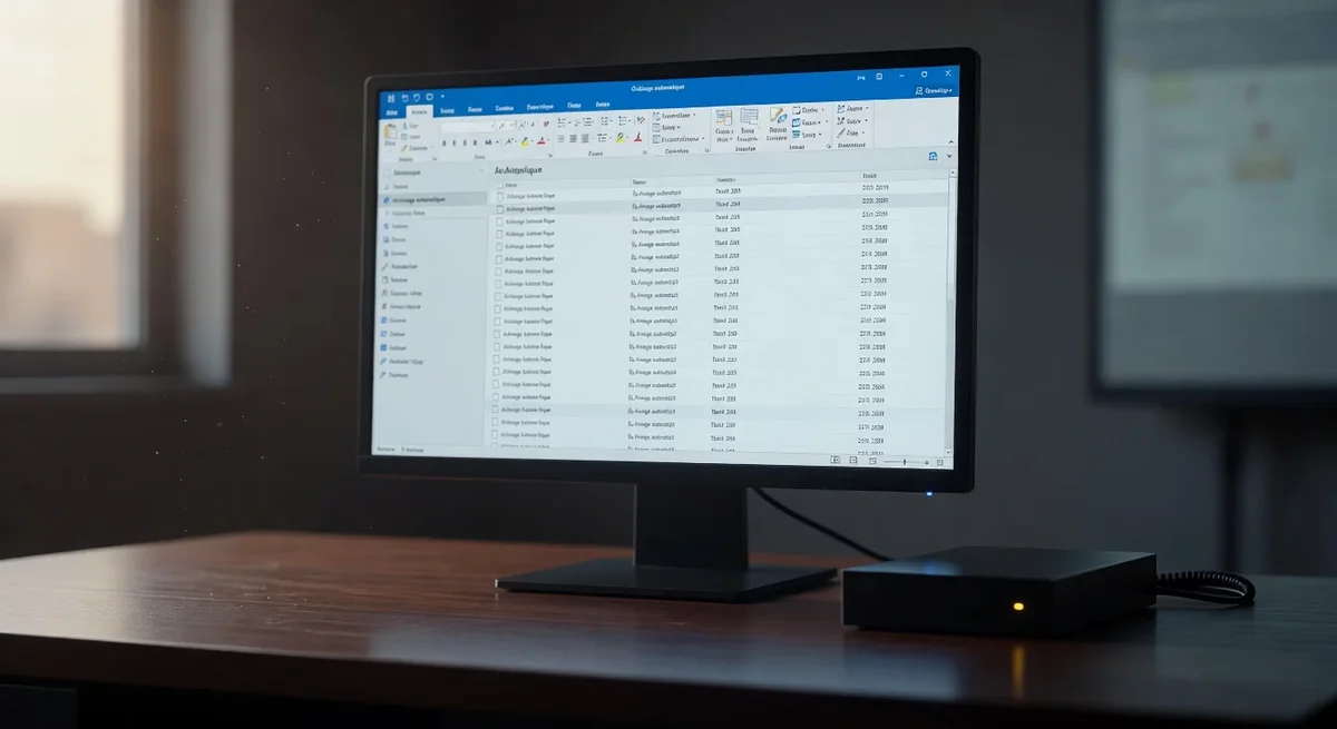 Bureau avec un ordinateur affichant Outlook et un écran sur l'archivage automatique des emails