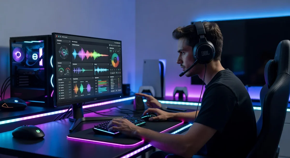 Utilisateur de casque gaming JBL Quantum devant un PC avec éclairage RGB dans un espace de jeu organisé