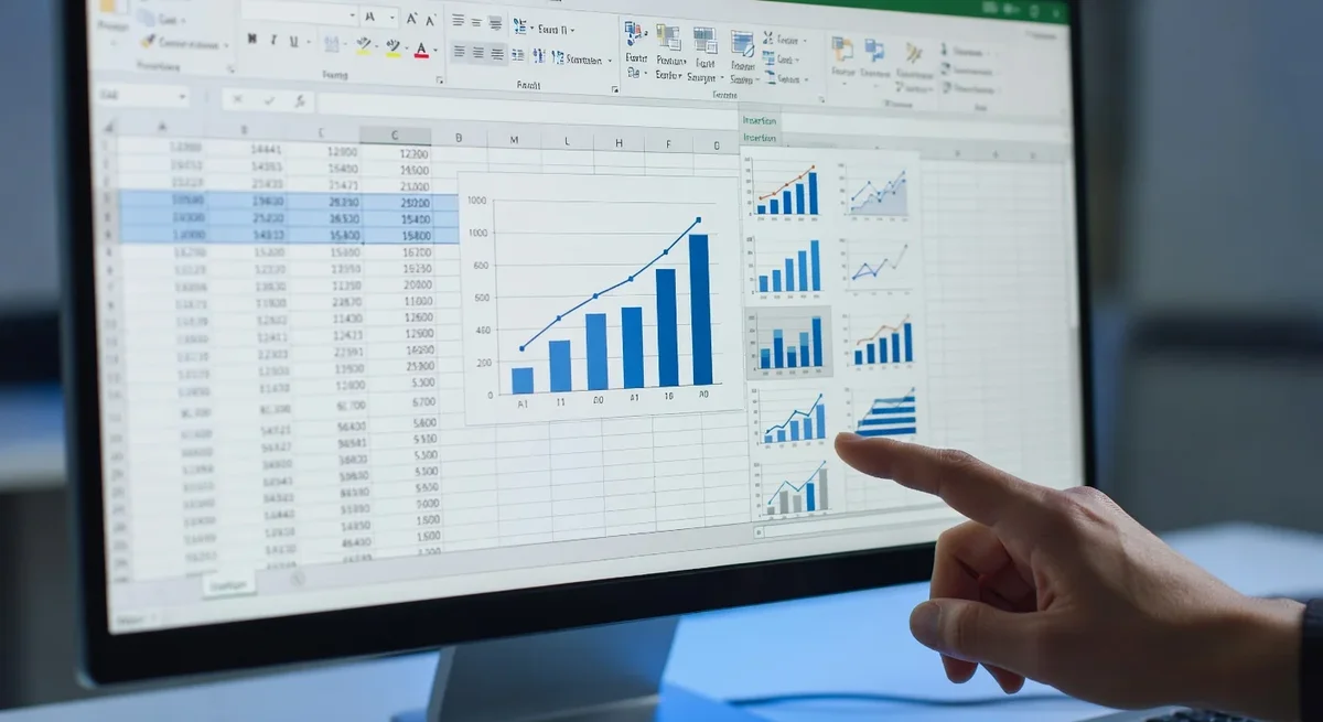 Tableau Excel montrant l'insertion d'un graphique combiné avec une main sur le menu 'Insertion