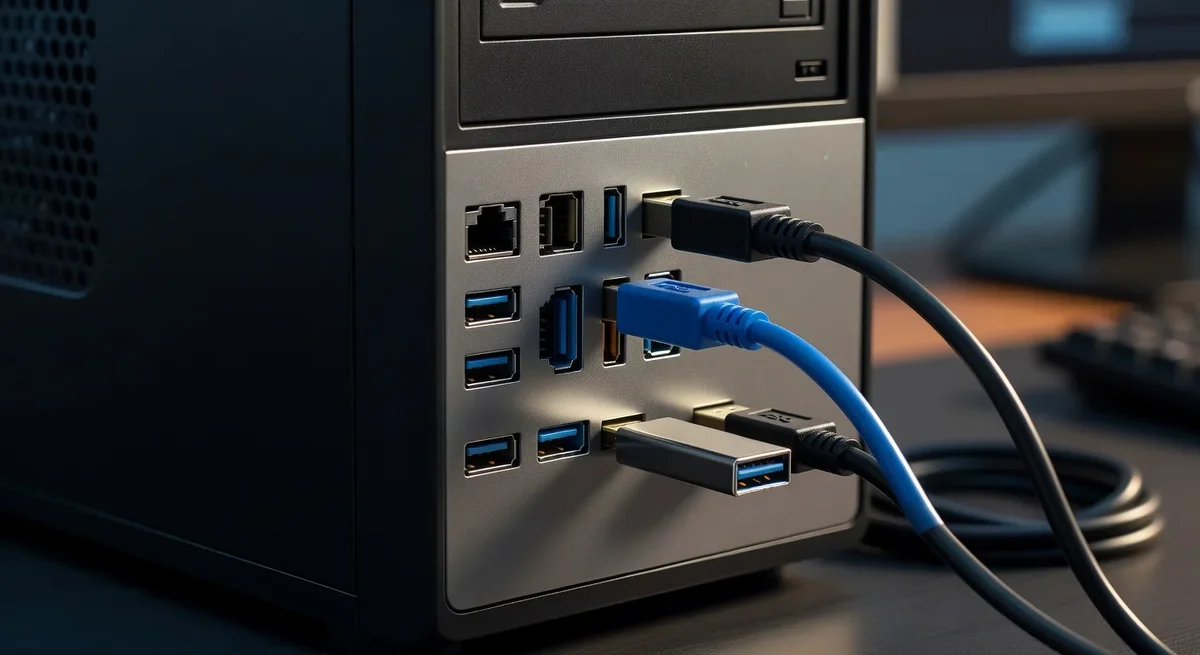 Ordinateur avec ports USB 2.0 et 3.0, clés USB et câbles en illustration des différences techniques
