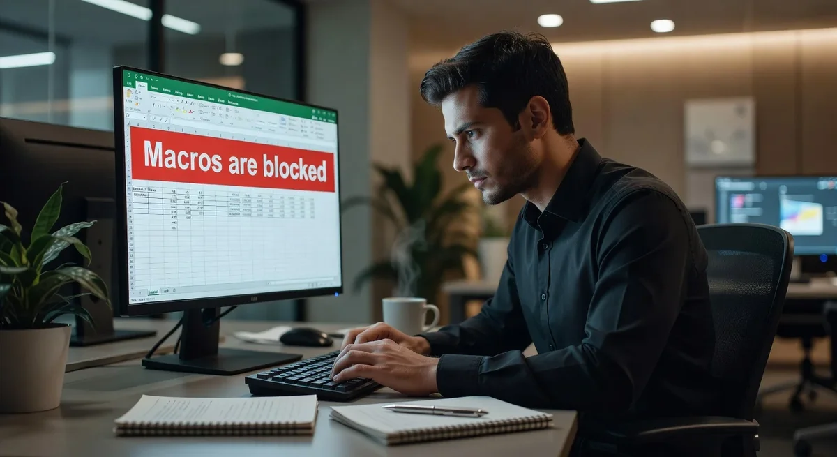 Personne dans un bureau moderne regardant un écran d'ordinateur avec un bandeau rouge sur les macros bloquées
