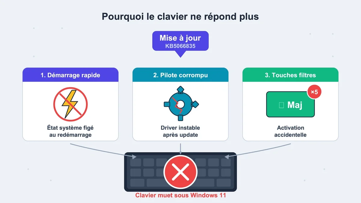 Illustration représentant un clavier avec des icônes de mise à jour et de pilotes corrompus sur fond informatique