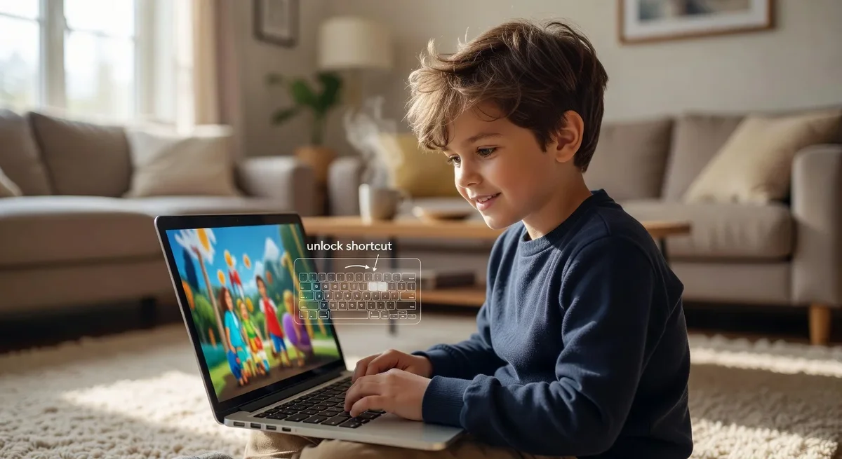 Enfant utilisant un ordinateur portable avec une vidéo montrant un raccourci de déverrouillage