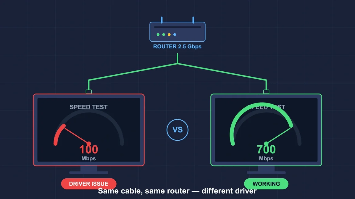 Deux ordinateurs avec des graphiques de vitesse illustrant un test de débit réseau avec câble Ethernet et routeur