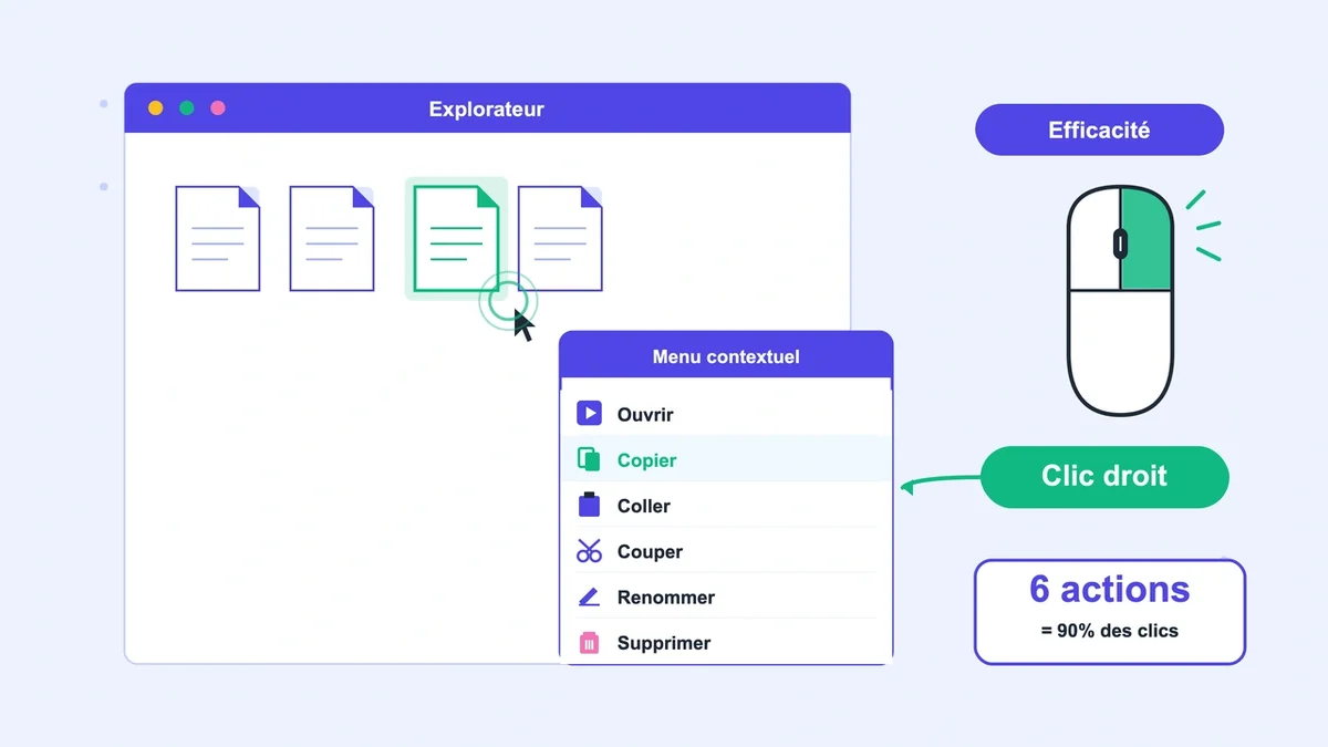 Menu contextuel de Windows avec options copier, coller et supprimer sur fond clair