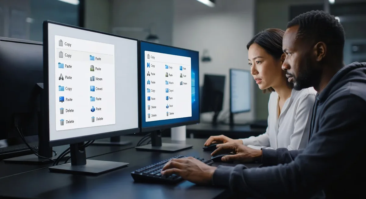 Ordinateur affichant le menu contextuel de Windows 11 avec icônes distinctes et utilisateurs en action