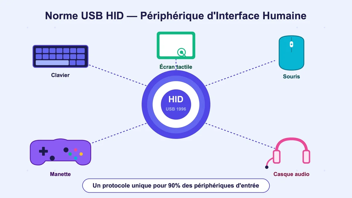 Schéma de la norme USB HID avec icônes de clavier, souris, manette et écran tactile