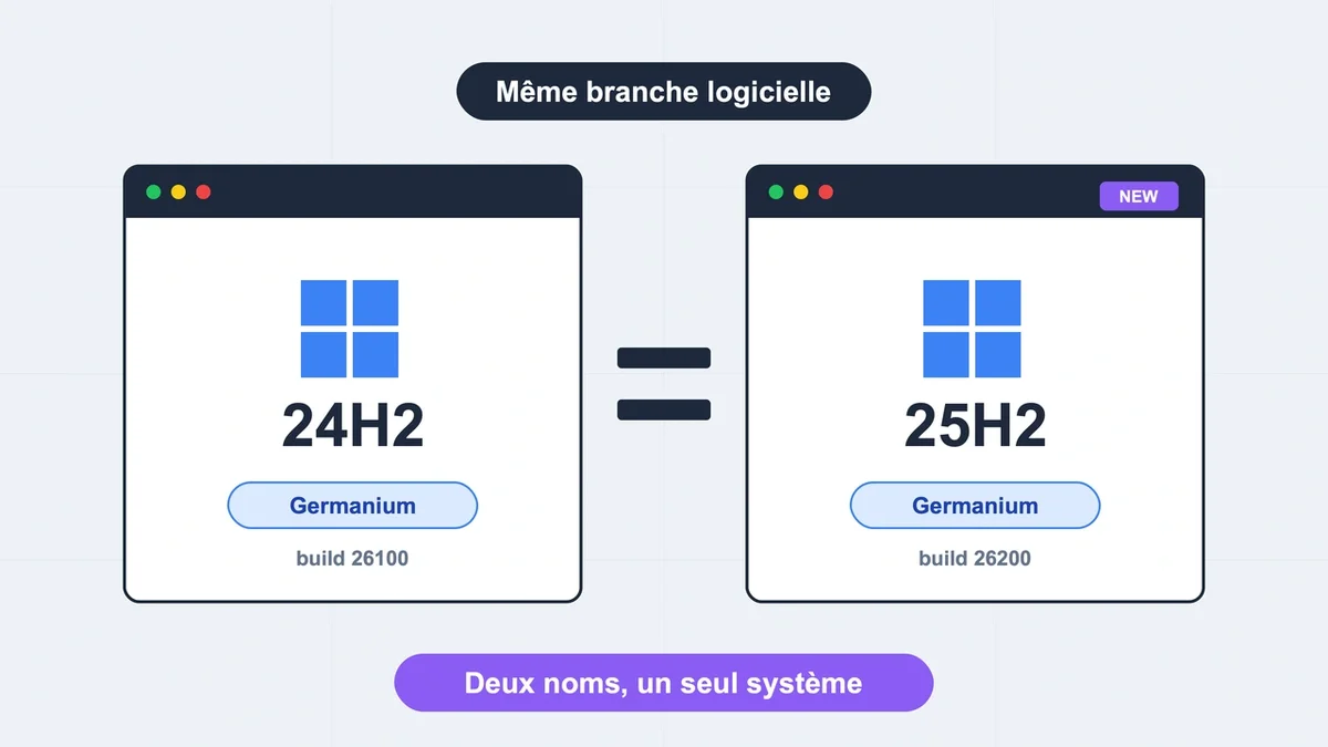Deux formes distinctes représentant Windows 11 25H2 et 24H2, soulignant leur identité partagée