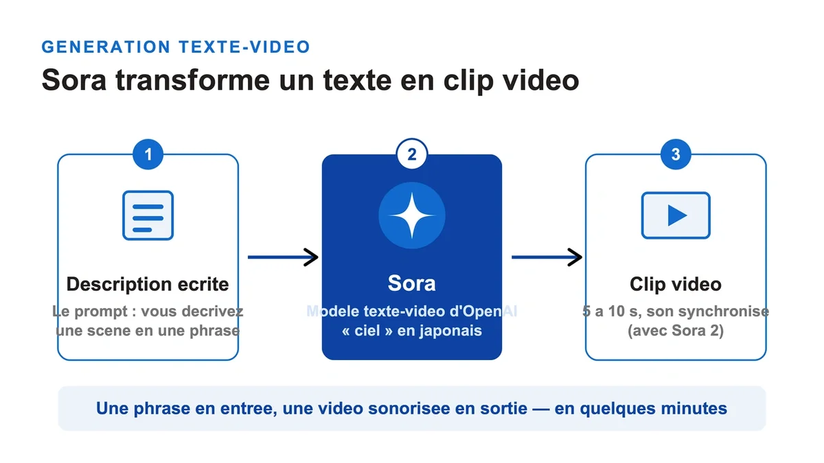 Éléments visuels représentant la transformation d'un texte en clip vidéo avec des images et des mots s'entrelacent
